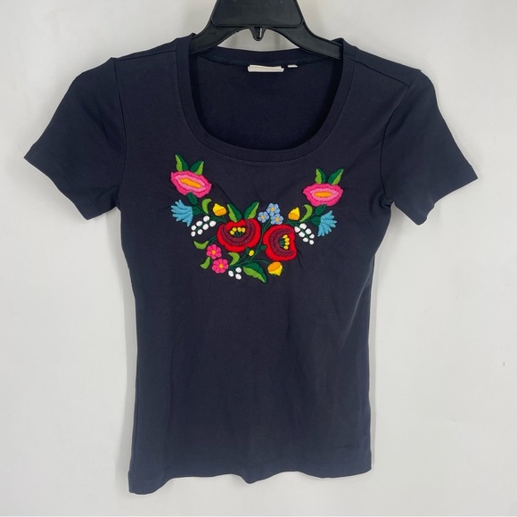 Jackpot Daily Organic Cotton Embroidered Floral Tee Shirt Navy Blue Small Boho - Picture 3 of 6